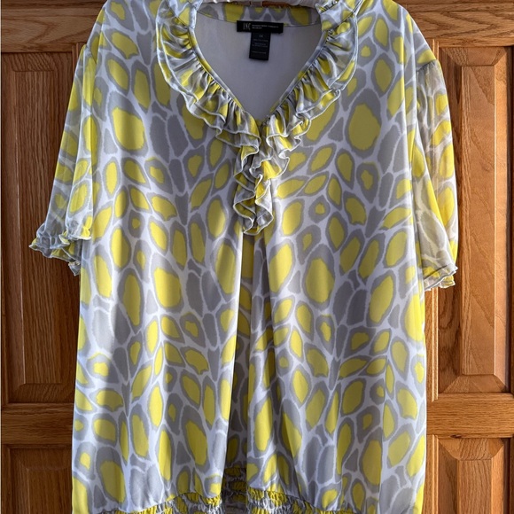 INC International Concepts Tops - INC International Concepts Women's Yellow and Gray Ruffle Blouse